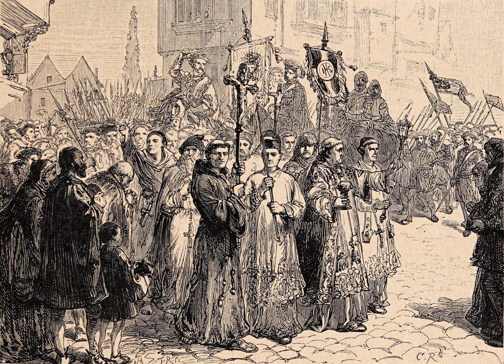 drawing depicting the Pilgrimage of Grace, featuring religious figures leading a group through a town square