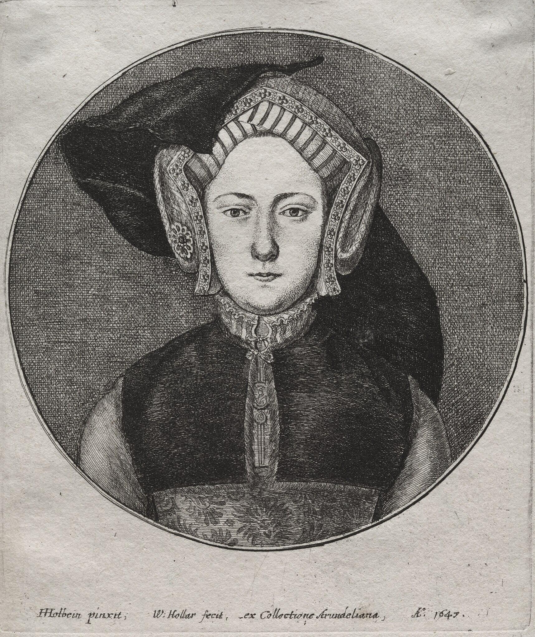 A historical engraving featuring a figure in elaborate traditional attire, with decorative headpieces and an ornate collar.