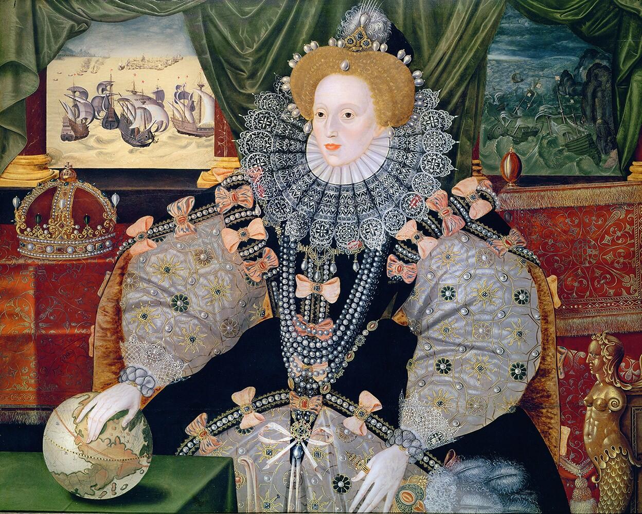 A regal figure adorned in an elaborate black gown with jewels, holding a globe, against a backdrop of ships and rich decorations.