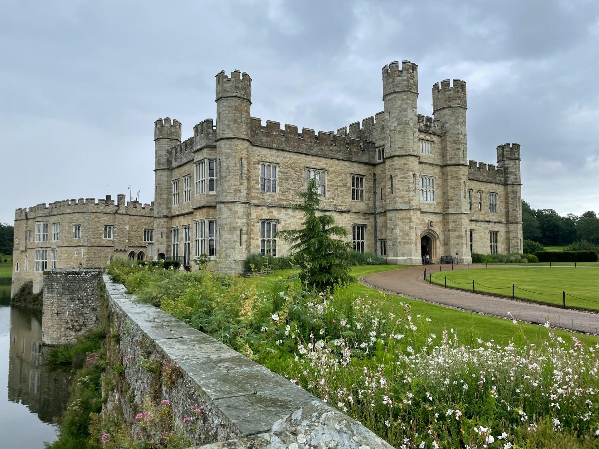 Leeds Castle, a stone building with angular features and turrets 