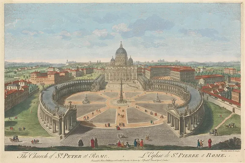 Illustration of St. Peter's Basilica in Vatican City, showcasing its grand dome and surrounding colonnades in a lively urban setting.