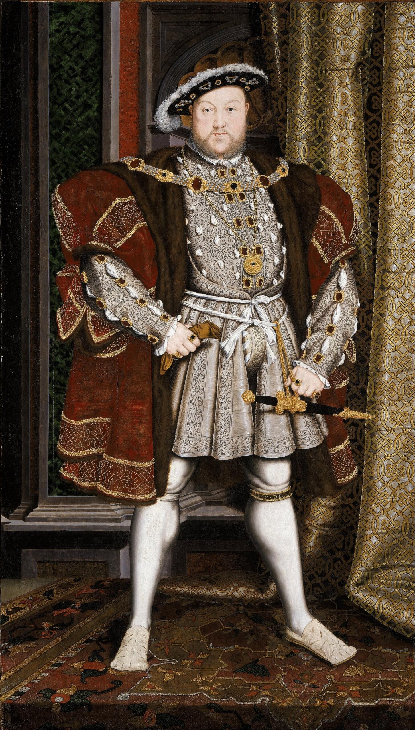 painted portrait of Henry VIII in royal garb, showing off his defined calves and codpiece