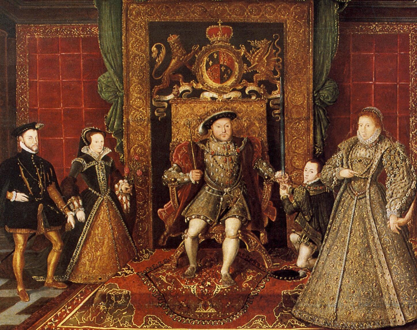 A regal group portrait featuring individuals in ornate Renaissance attire, gathered around a throne with intricate detailing and rich decor.
