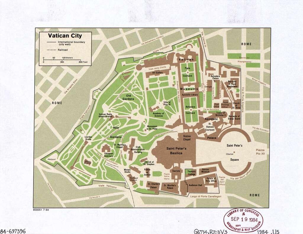 Map of Vatican City showing key locations such as St. Peter's Basilica, gardens, museums, and administrative buildings.