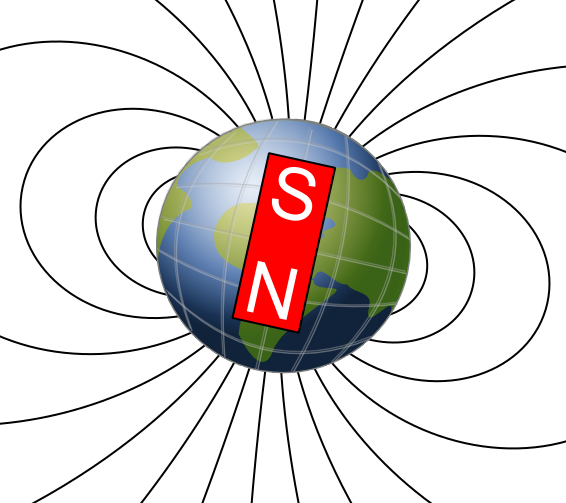 Diagram of Earth’s magnetic field showing curved magnetic field lines extending between the planet’s magnetic poles and surrounding Earth.