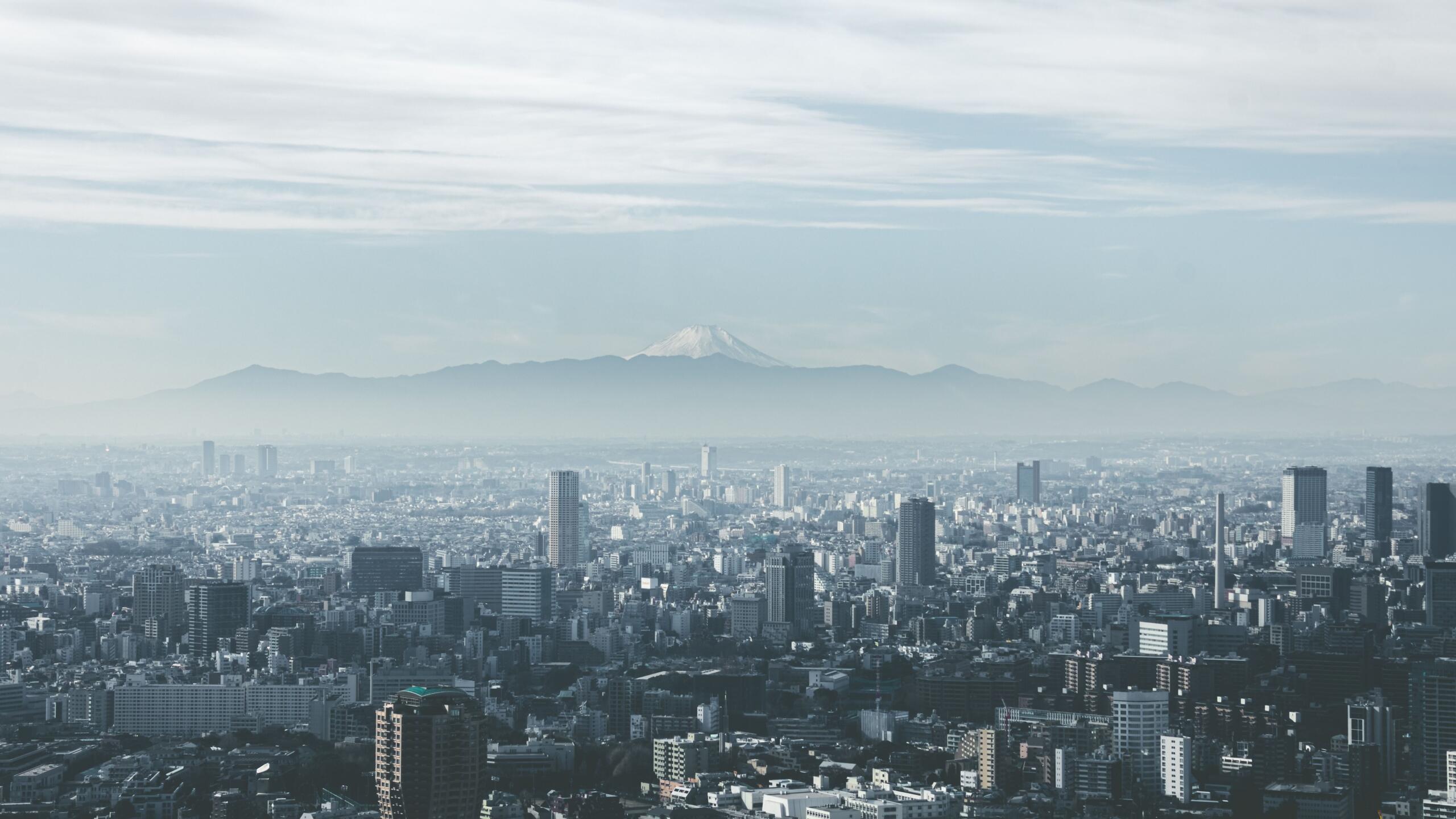 Tokyo's skyline at dusk, with illuminated skyscrapers rising above the city as the sky transitions. Office towers, apartment buildings, and iconic landmarks begin to glow with evening lights, creating a striking contrast against the fading daylight and showcasing the energy of Japan's bustling capital.
