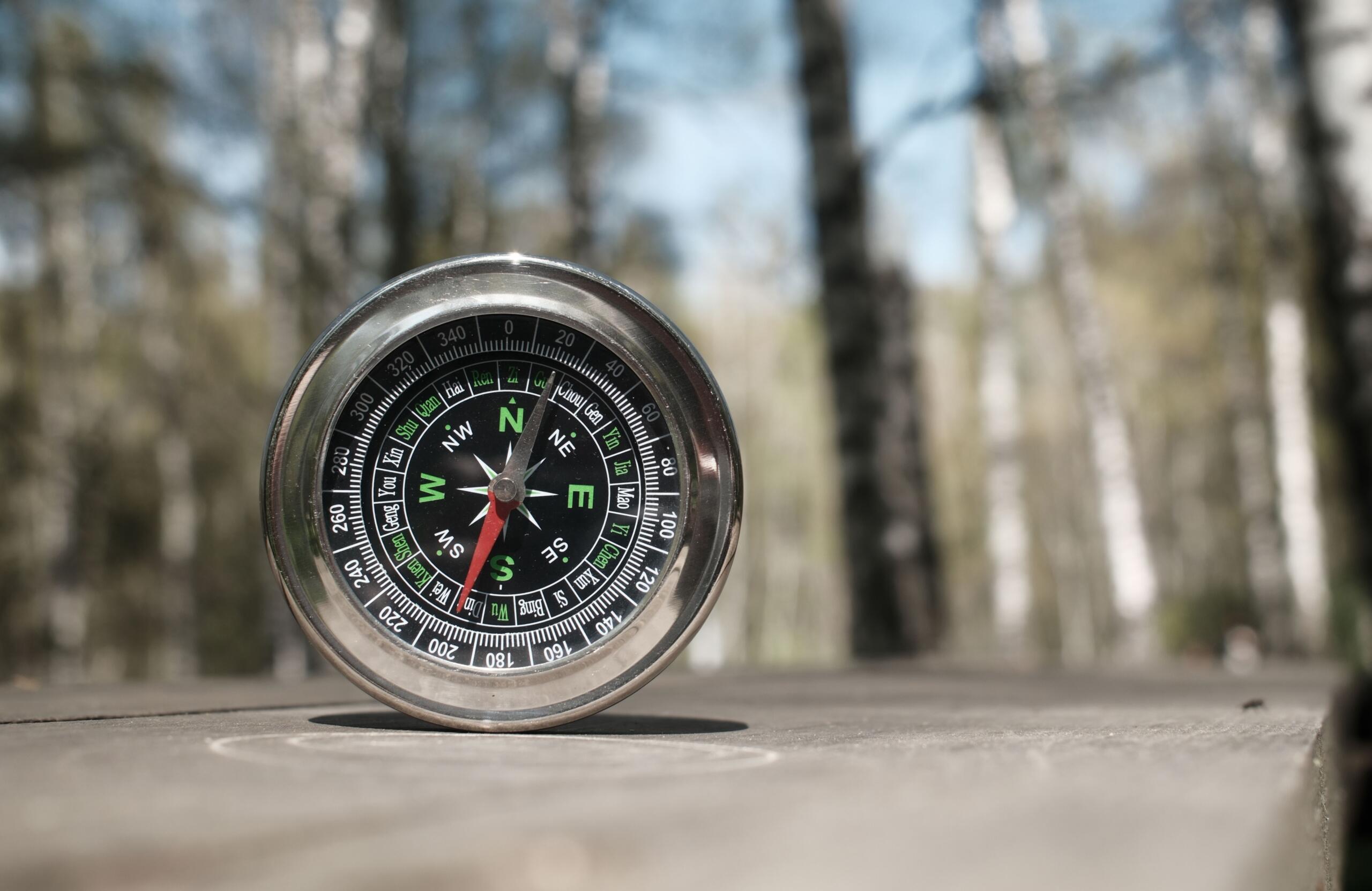 A modern pocket compass resting on a table in a dense forest, with its needle pointing North.