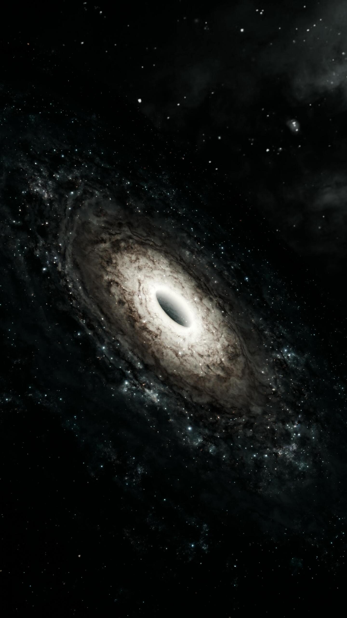 A stunning view of a swirling galaxy with a central black hole, surrounded by twinkling stars in a dark cosmic backdrop.