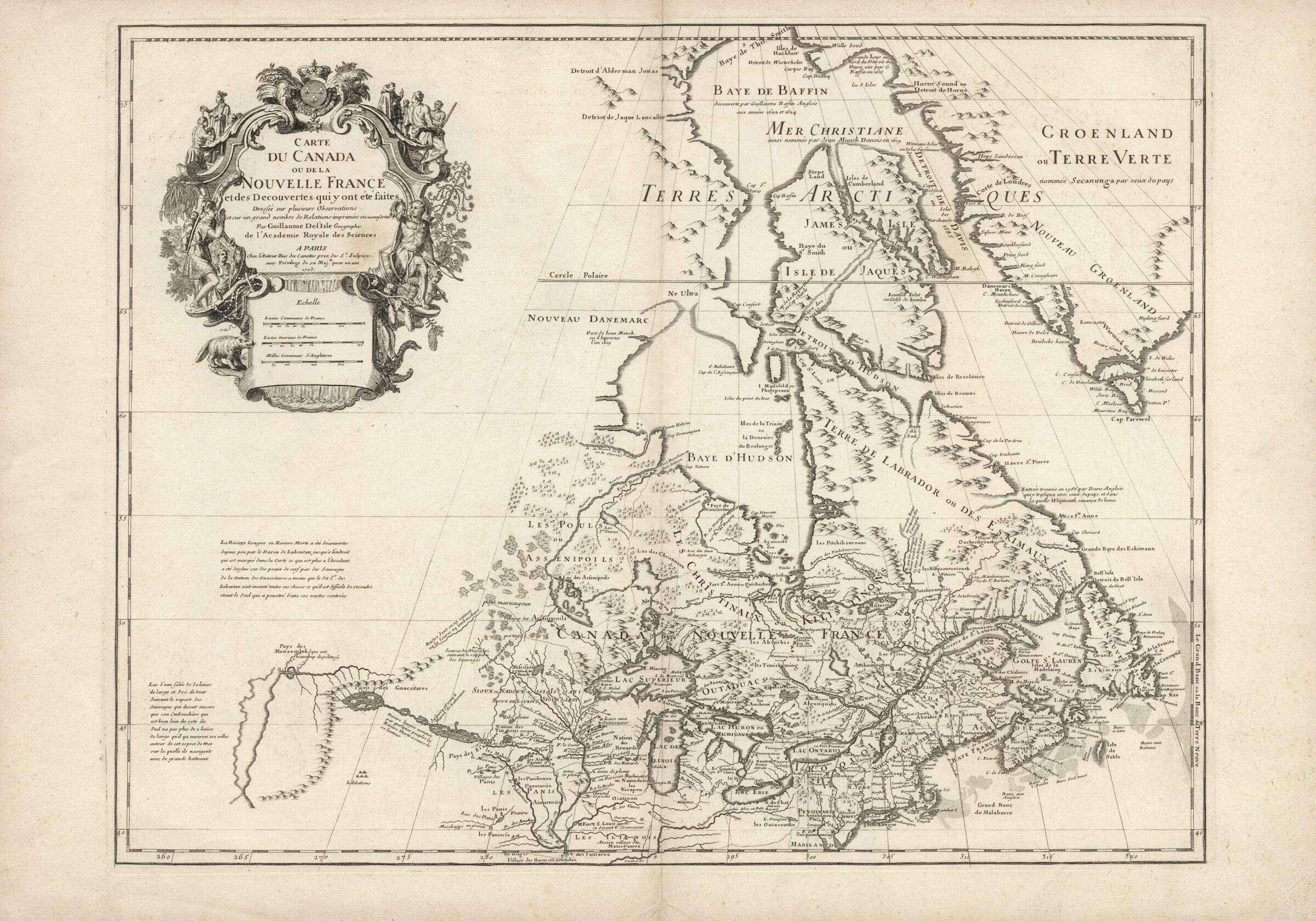 Antique French map of Canada and New France showing territories, rivers, lakes, and surrounding Arctic and Greenland regions, with ornate title cartouche.