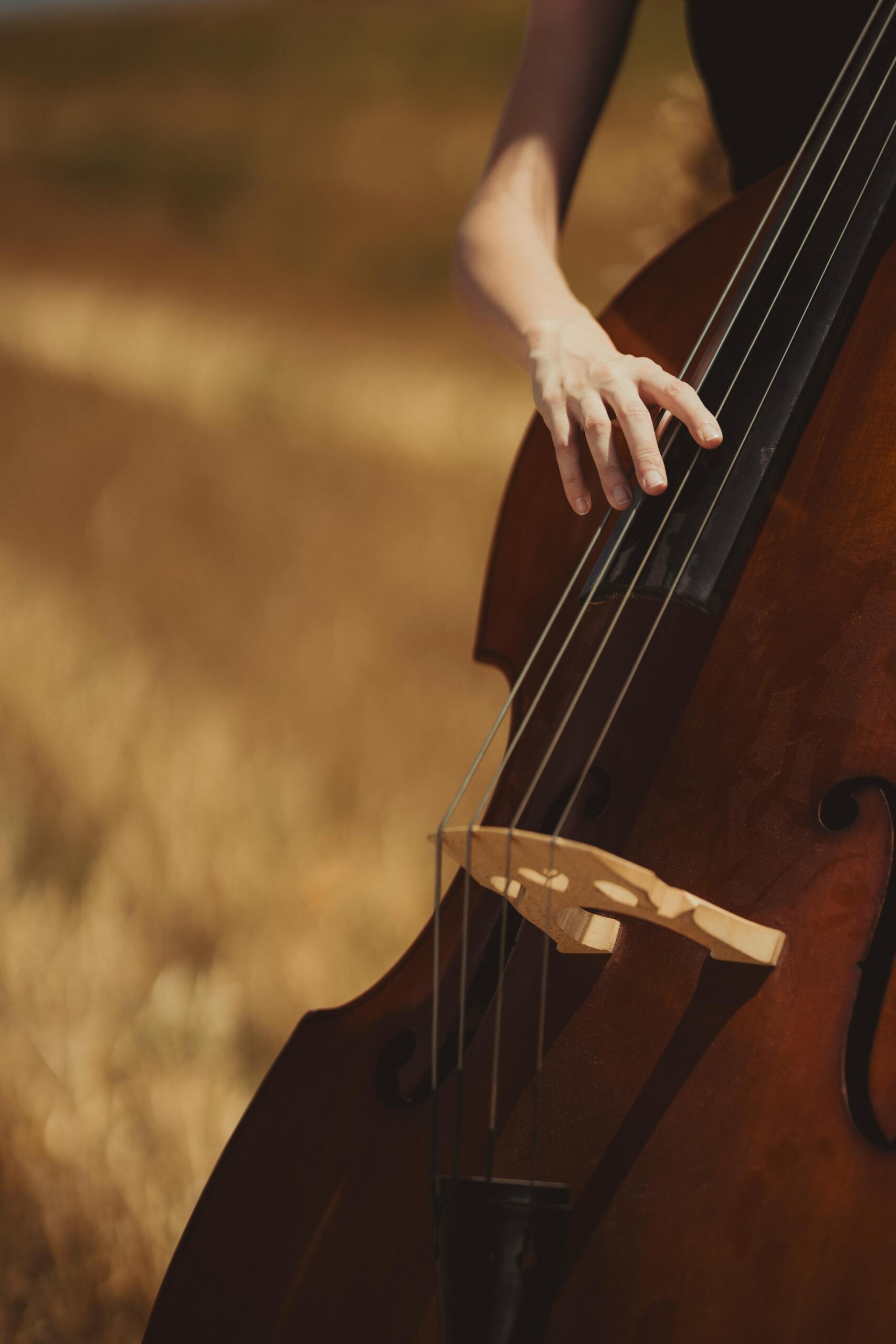 a woman plays the double bass.