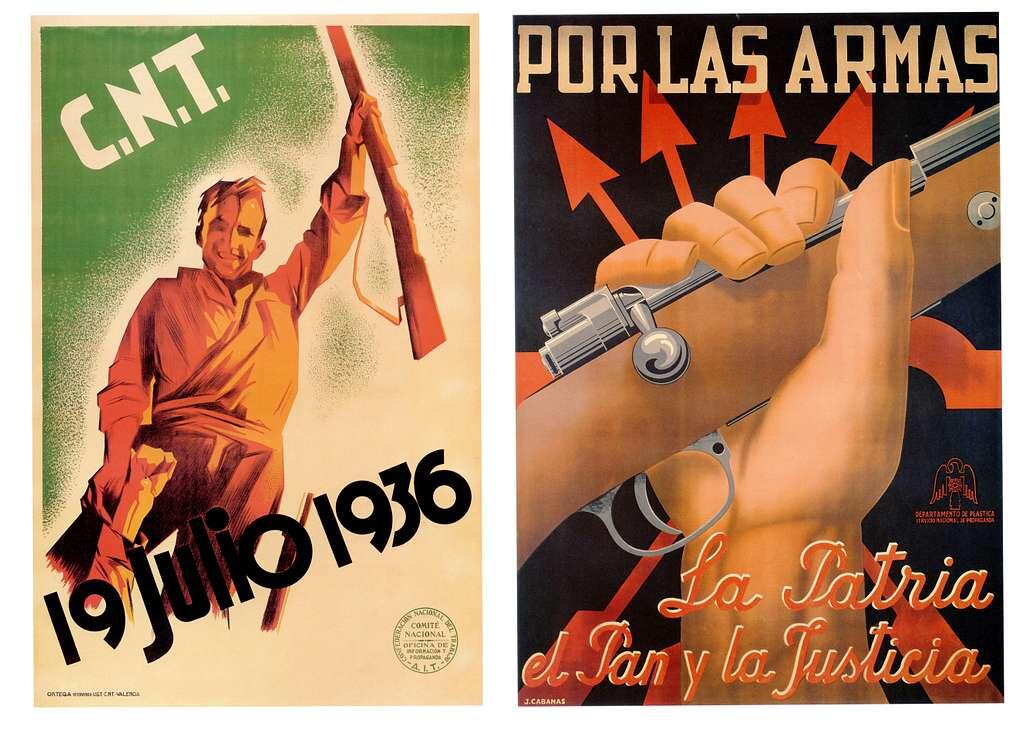 Two propaganda posters from the Spanish Civil War (1936–1939). The left poster shows an armed militia member raising a rifle with the text 