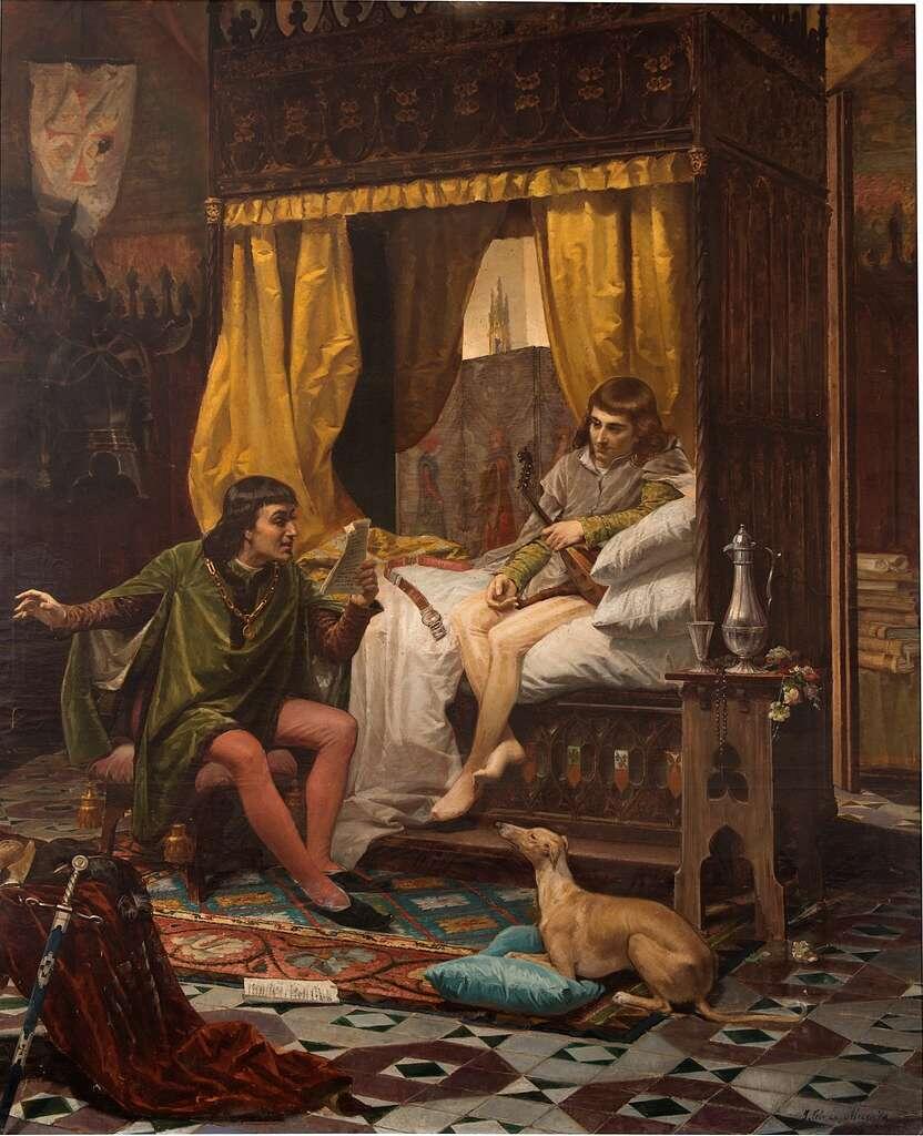 19th-century historical painting depicting the Catalan poet Ausiàs March reading a manuscript to King Alfonso V of Aragon, who listens from a canopied bed. The richly decorated medieval chamber features tapestries, a sword, books, and a greyhound, reflecting the royal court's cultural life during the Catalan Golden Age.
