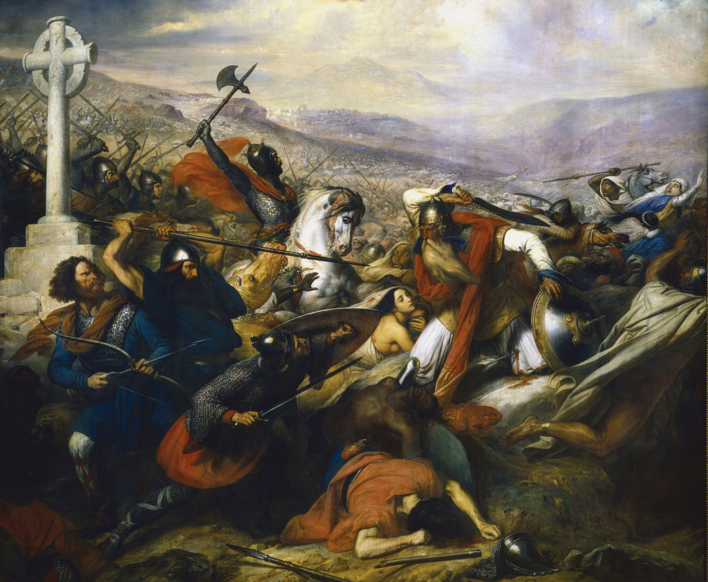 19th-century painting depicting the Battle of Poitiers (732), with Frankish soldiers engaged in fierce combat against Umayyad forces. A large stone cross stands in the foreground while armored warriors on horseback and on foot clash across a crowded battlefield under a dramatic sky.