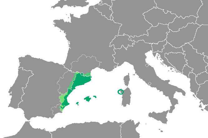 Map of Europe highlighting the regions where Catalan is spoken. The language is shown across Catalonia, the Valencian Community, the Balearic Islands, parts of eastern Aragon, the French region of Northern Catalonia, the city of Alghero in Sardinia, and the Principality of Andorra.