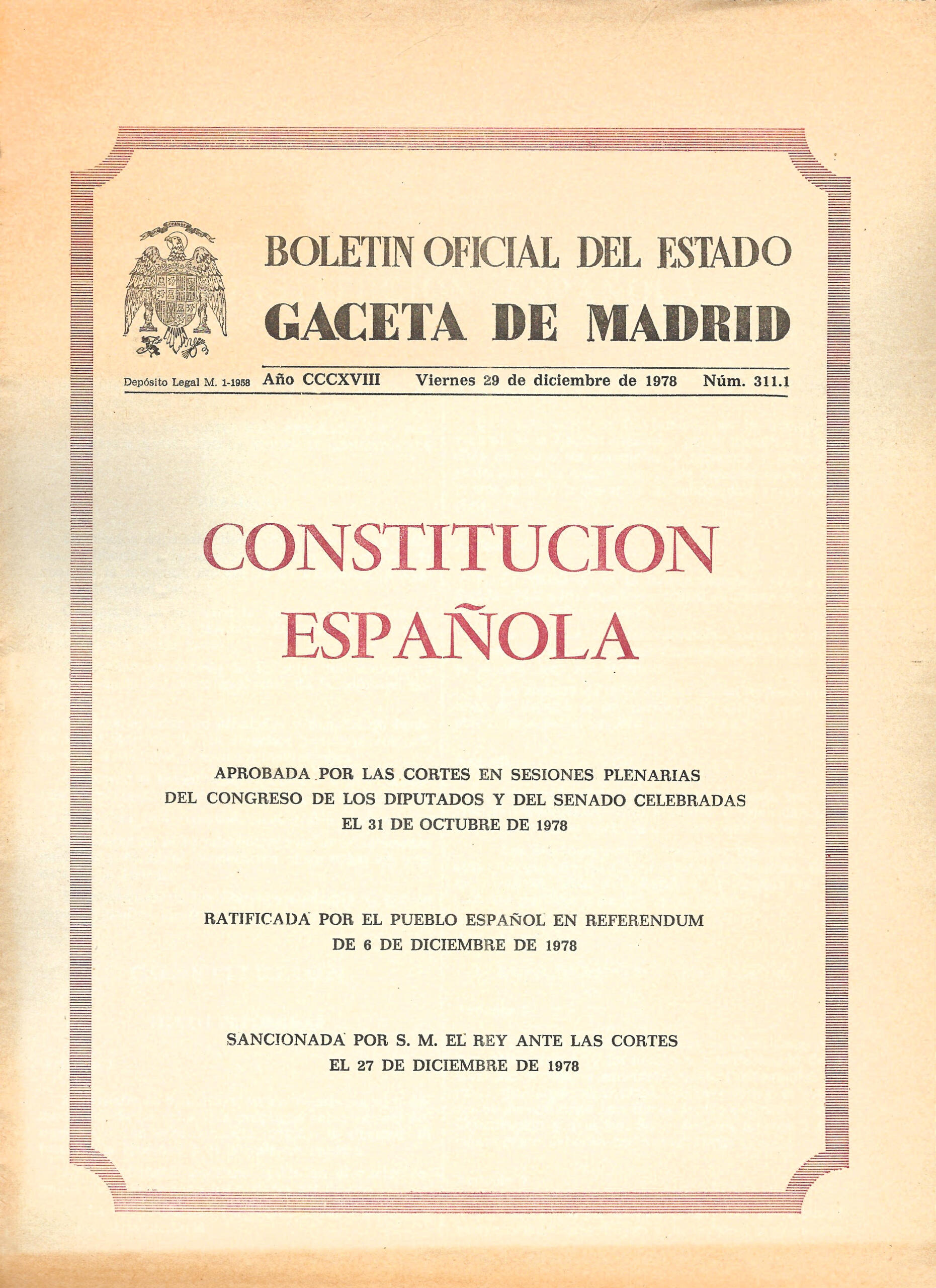 Cover page of the 1978 Spanish Constitution as published in the Official State Gazette (Boletín Oficial del Estado). The document marks the adoption of Spain's democratic constitution, which recognized Catalan as a co-official language in Catalonia alongside Spanish.