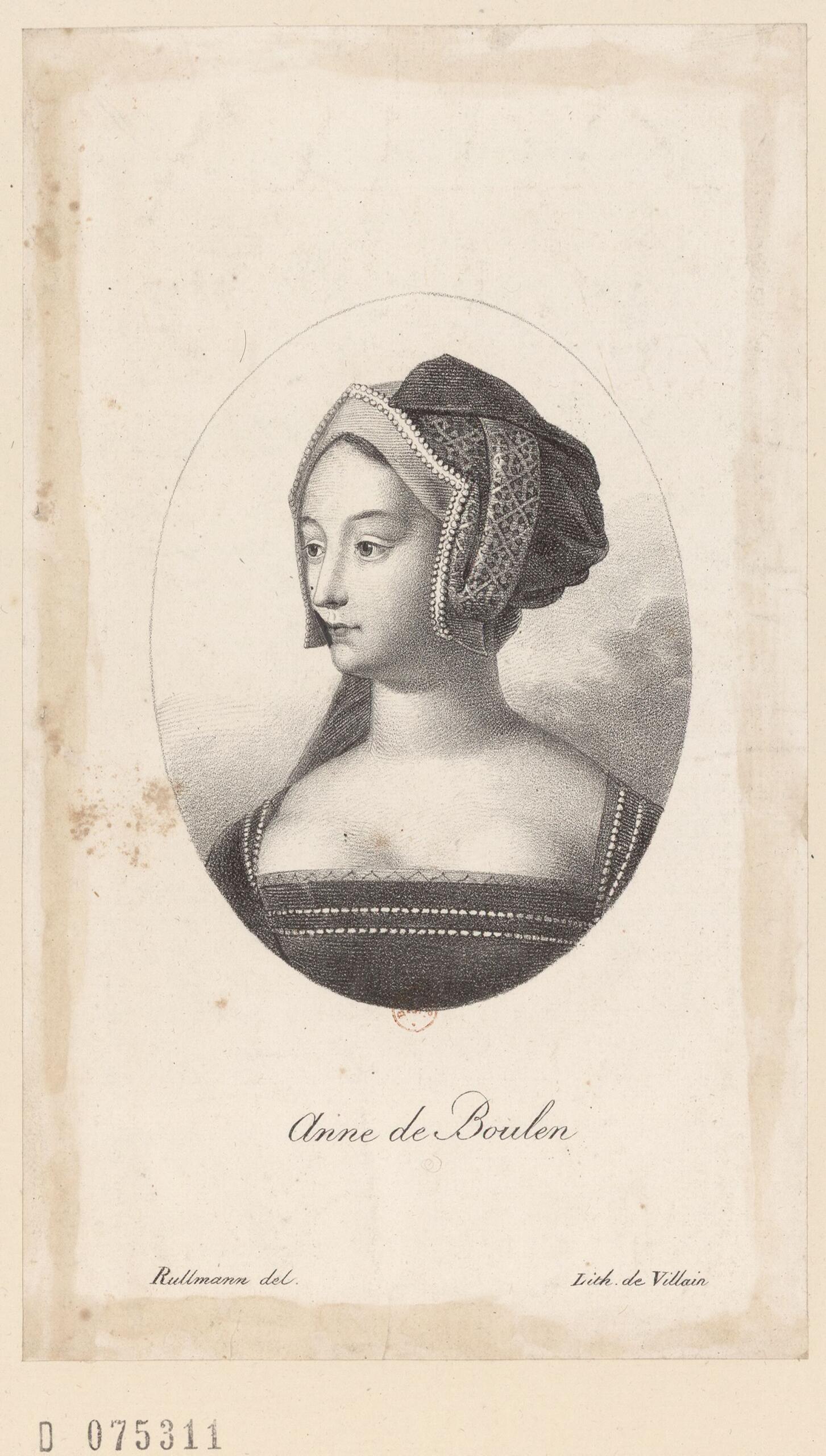 A drawing of Anne Boleyn, depicting her in Tudor-era attire with a French hood, elegant jewelry, and a poised expression. Source: Wikimedia Commons.