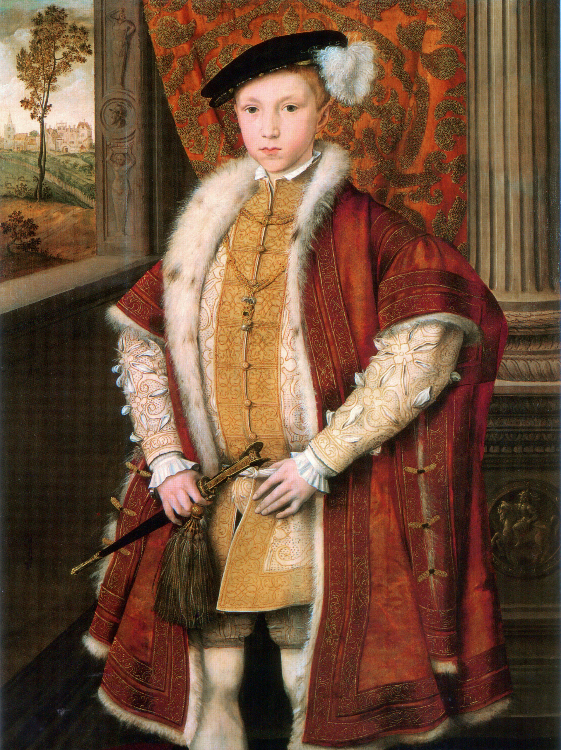 King Edward VI, shown wearing a richly decorated Tudor-style outfit with a fur-trimmed coat and a jeweled hat. His youthful face, fair complexion, and serious expression reflect his short reign as King of England.