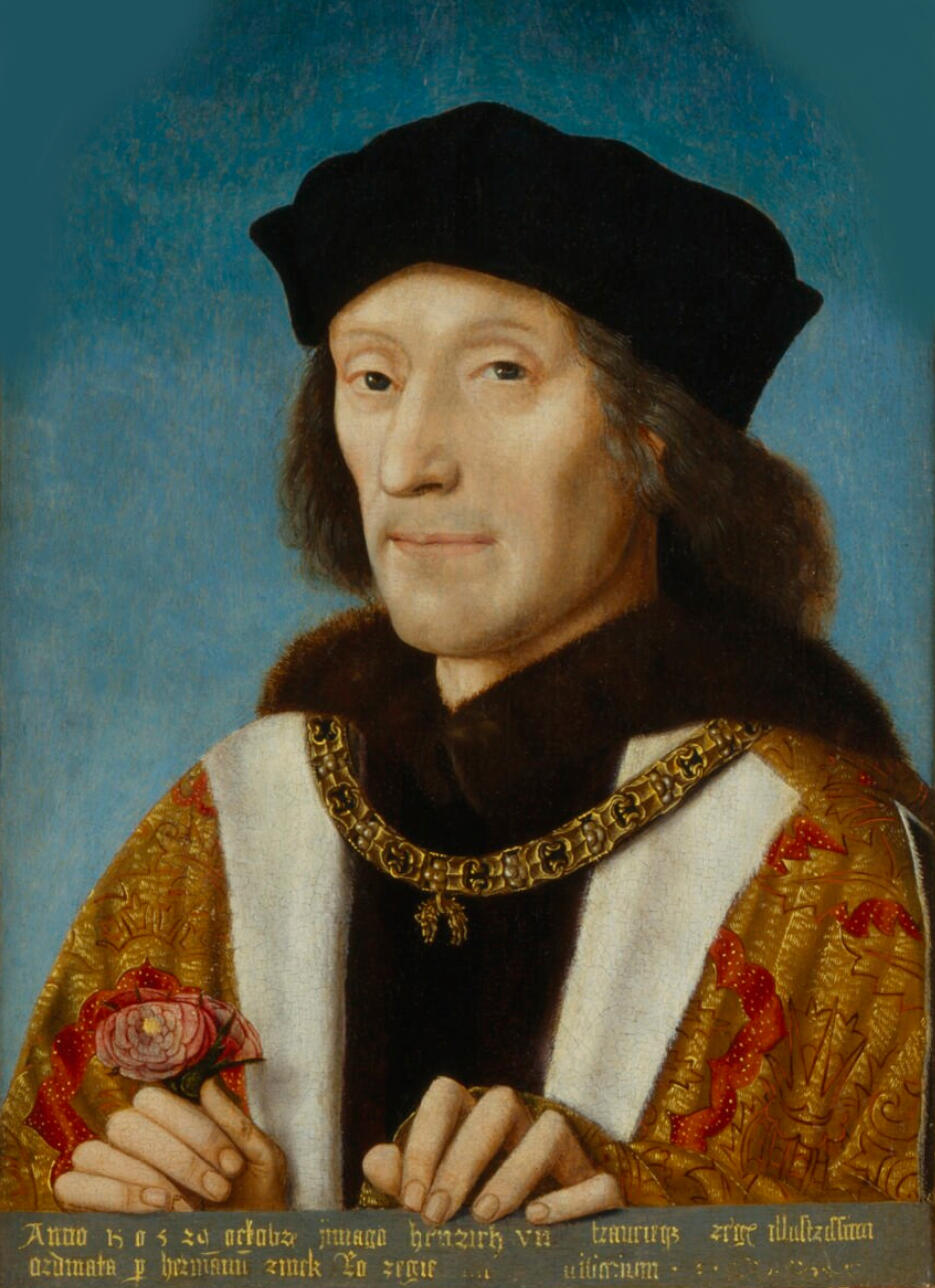 Portrait of King Henry VII wearing a dark robe with gold embroidery, a black hat, and a jeweled brooch. His expression is serious, with a thin face and prominent nose. Source: Wikimedia Commons.