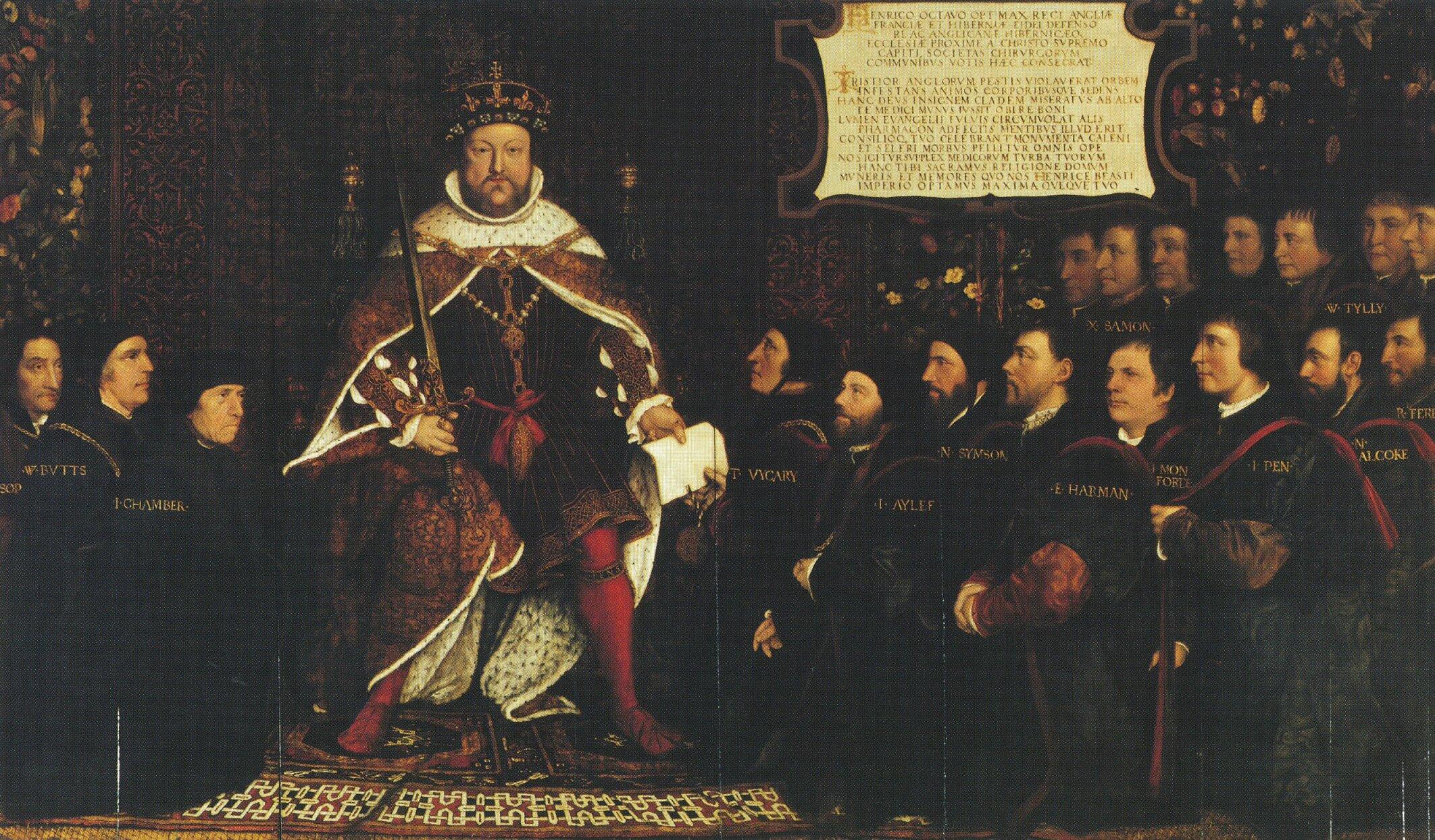 A painting of King Henry VIII with surgeons, depicting the monarch in rich Tudor attire, surrounded by medical practitioners attending to him.