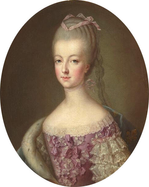 Portrait of a young woman with powdered hair adorned with a pink ribbon, wearing an ornate pink and white lace gown.