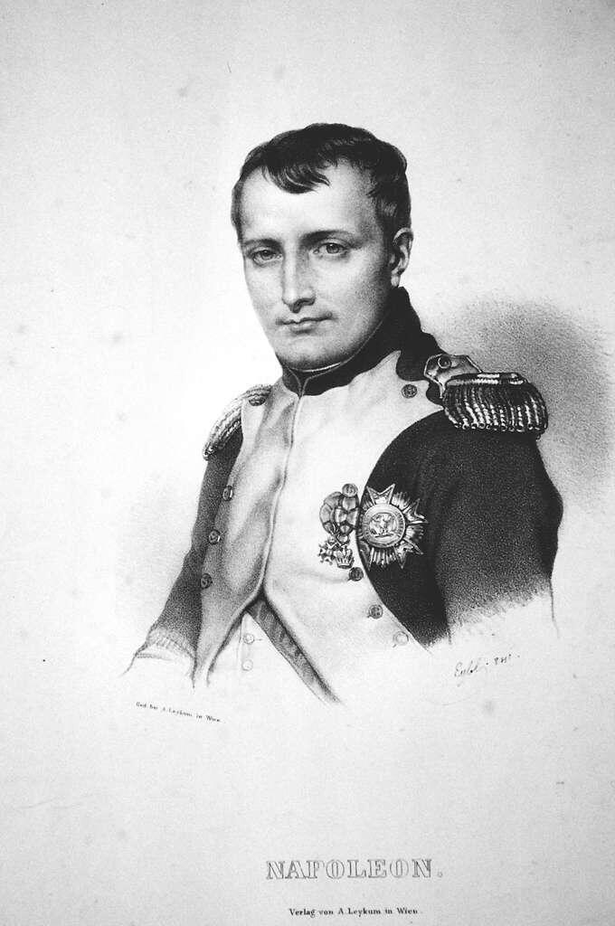 Lithograph of a Napoleon Bonaparte in a formal uniform adorned with medals, showcasing intricate detailing on the attire and shoulder epaulettes.