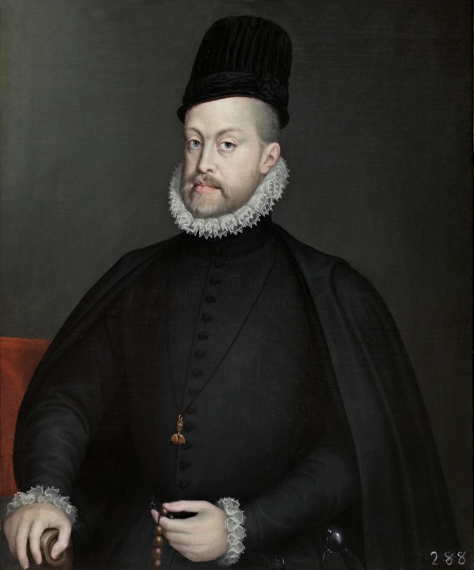 A portrait of Philip II of Spain, depicting him with a ruffled collar, a solemn expression, and a commanding presence.