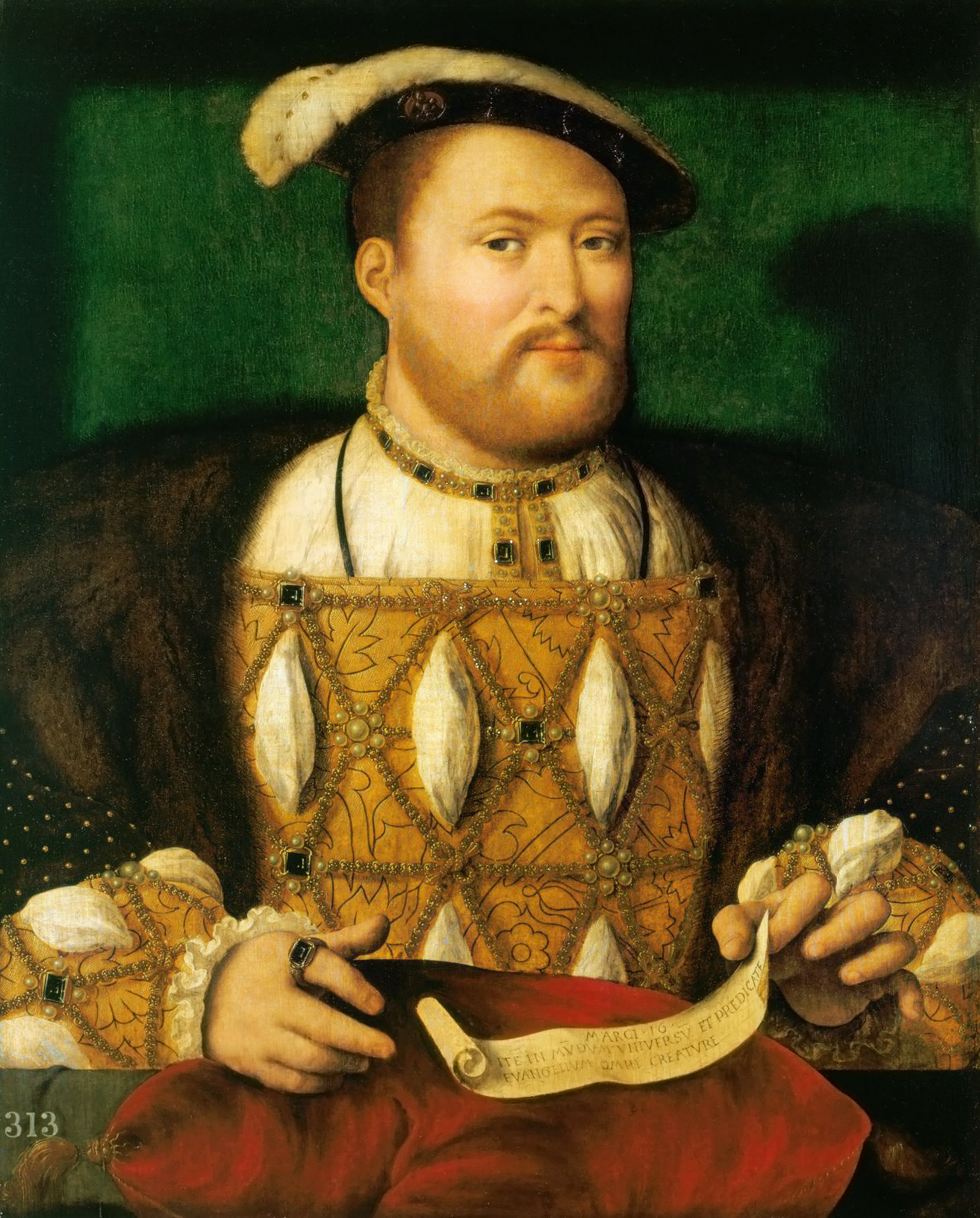 King Henry VIII, depicted in elaborate Tudor attire with a richly embroidered doublet, fur-trimmed coat, and a wide-brimmed hat adorned with jewels. He has a strong, broad-shouldered stance, a stern expression, and a neatly trimmed beard, symbolizing his power and authority as King of England.