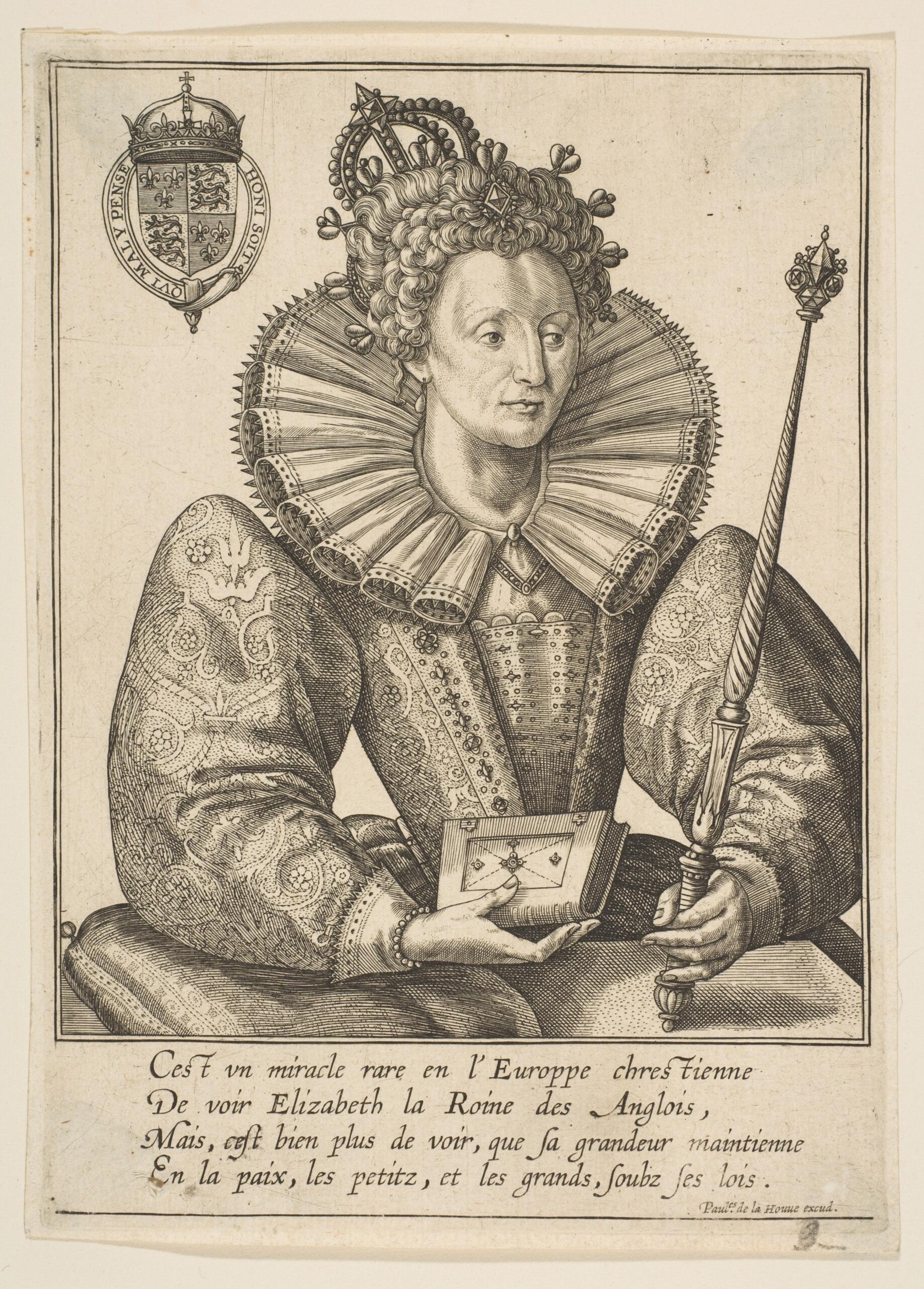 An old illustration of Queen Elizabeth, depicting her in regal attire with intricate details, symbolizing her royal status and historical significance. Source: Frans Huys, CC0, via Wikimedia Commons.