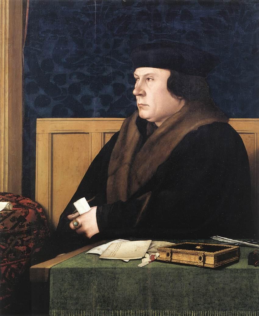 A portrait of Thomas Cromwell by Hans Holbein the Younger, depicting him in dark clothing with a fur-lined coat, holding a paper, and gazing intently, showcasing his serious expression and powerful presence. Source: Wikimedia Commons.