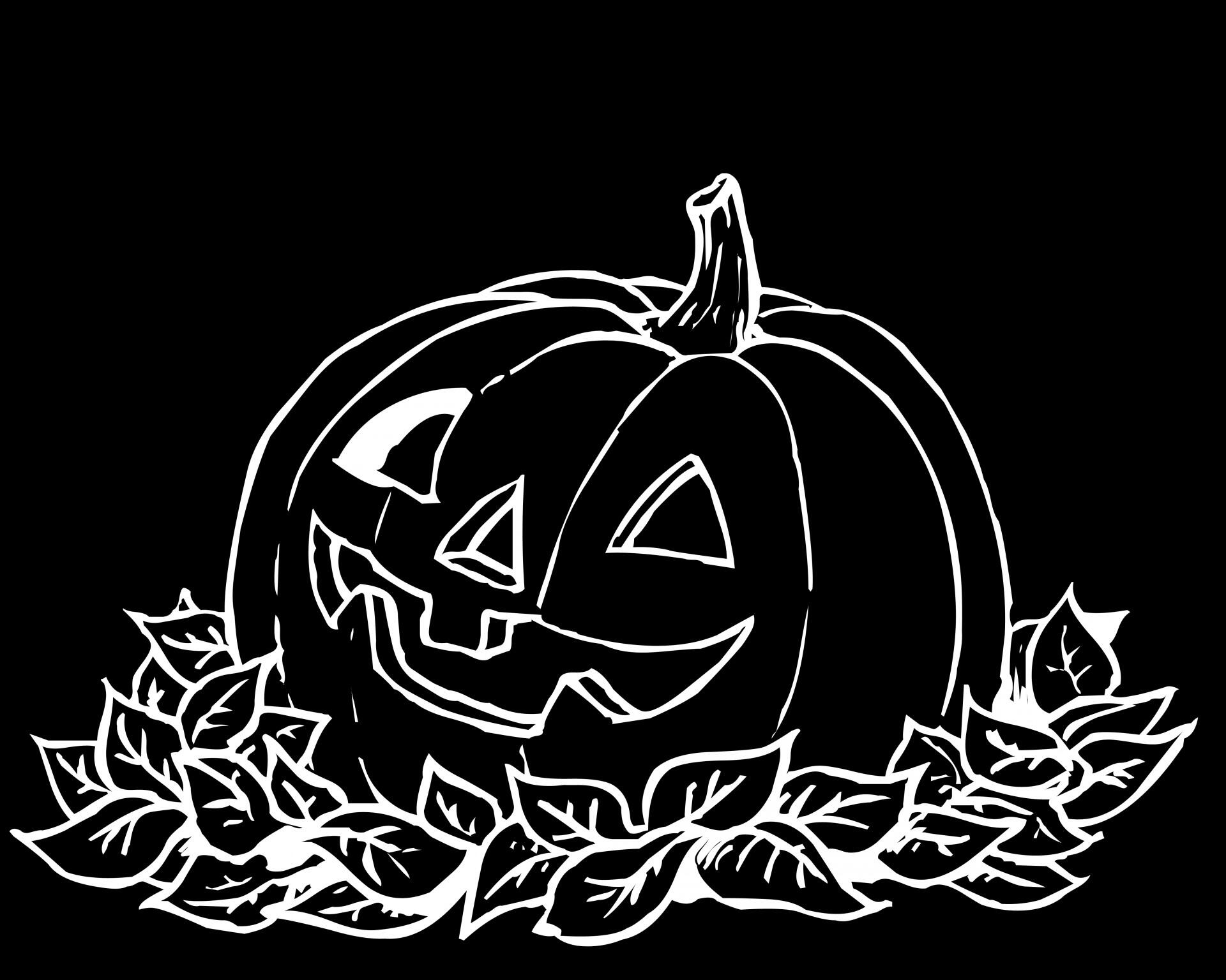 A carved pumpkin with a smiling face, surrounded by leafy vines, set against a black background, capturing a Halloween theme.