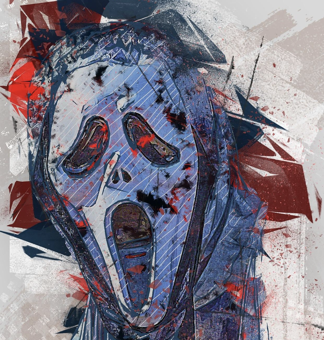 A stylized, abstract depiction of the iconic Scream mask, featuring vibrant splashes of red and blue against a textured background.