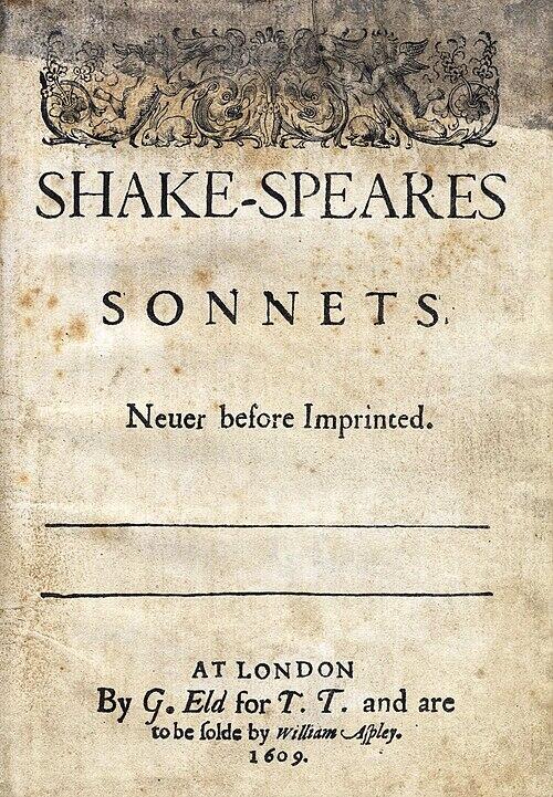 Cover page of Shakespeare's "Sonnets," printed in 1609, featuring ornate decoration and title text.