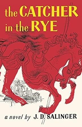 Book cover of "The Catcher in the Rye" by J.D. Salinger featuring a red carousel horse against a city skyline background.
