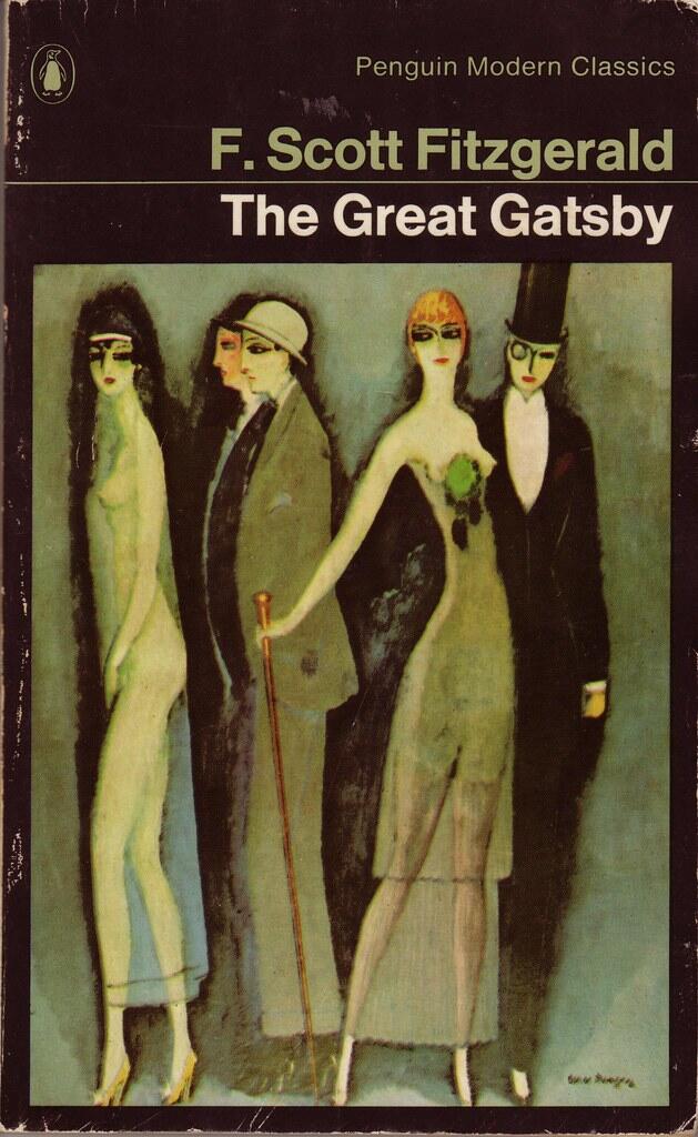 Book cover of "The Great Gatsby" by F. Scott Fitzgerald, featuring an abstract painting of four elegantly dressed 1920s figures against a dark background.