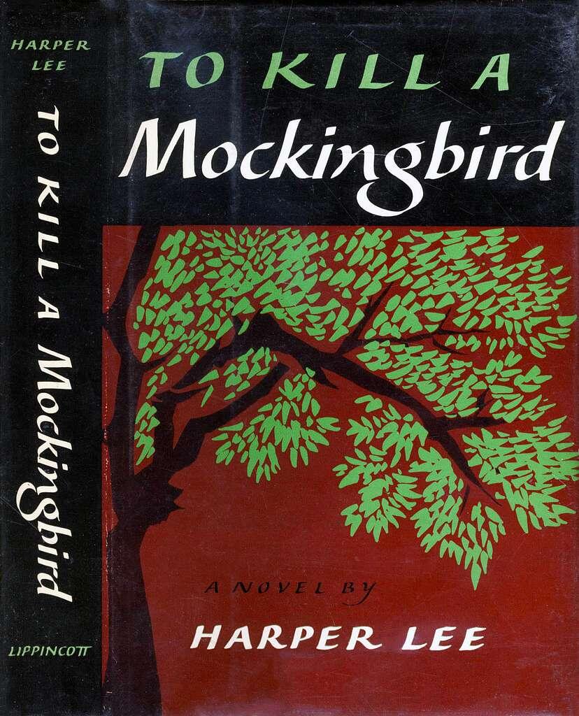 Book cover of "To Kill a Mockingbird" by Harper Lee featuring a stylized green tree on a reddish-brown background.