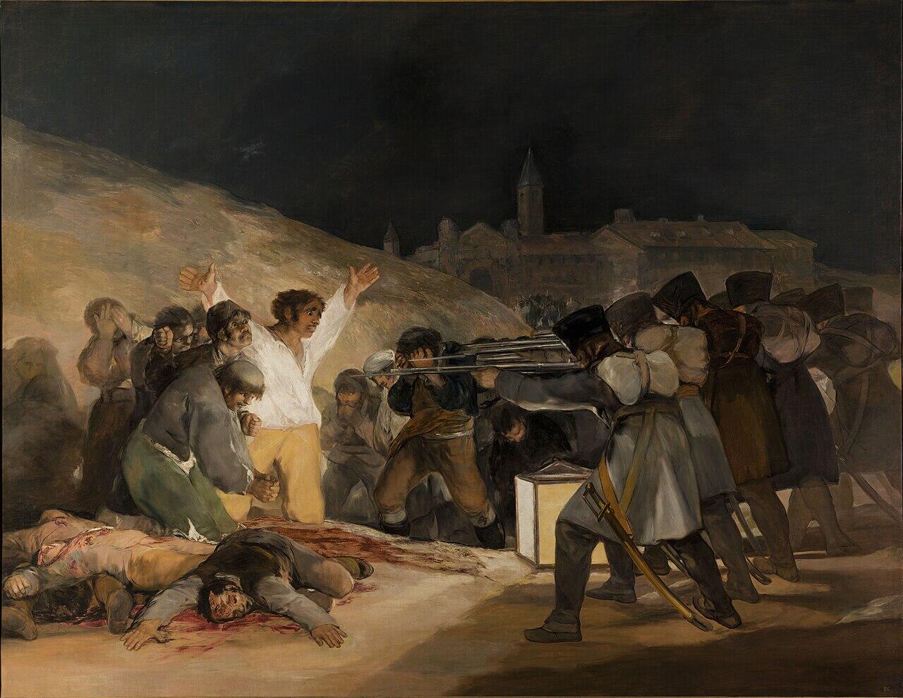 Painting depicting a nighttime execution by firing squad, with victims pleading and fallen bodies on the ground.