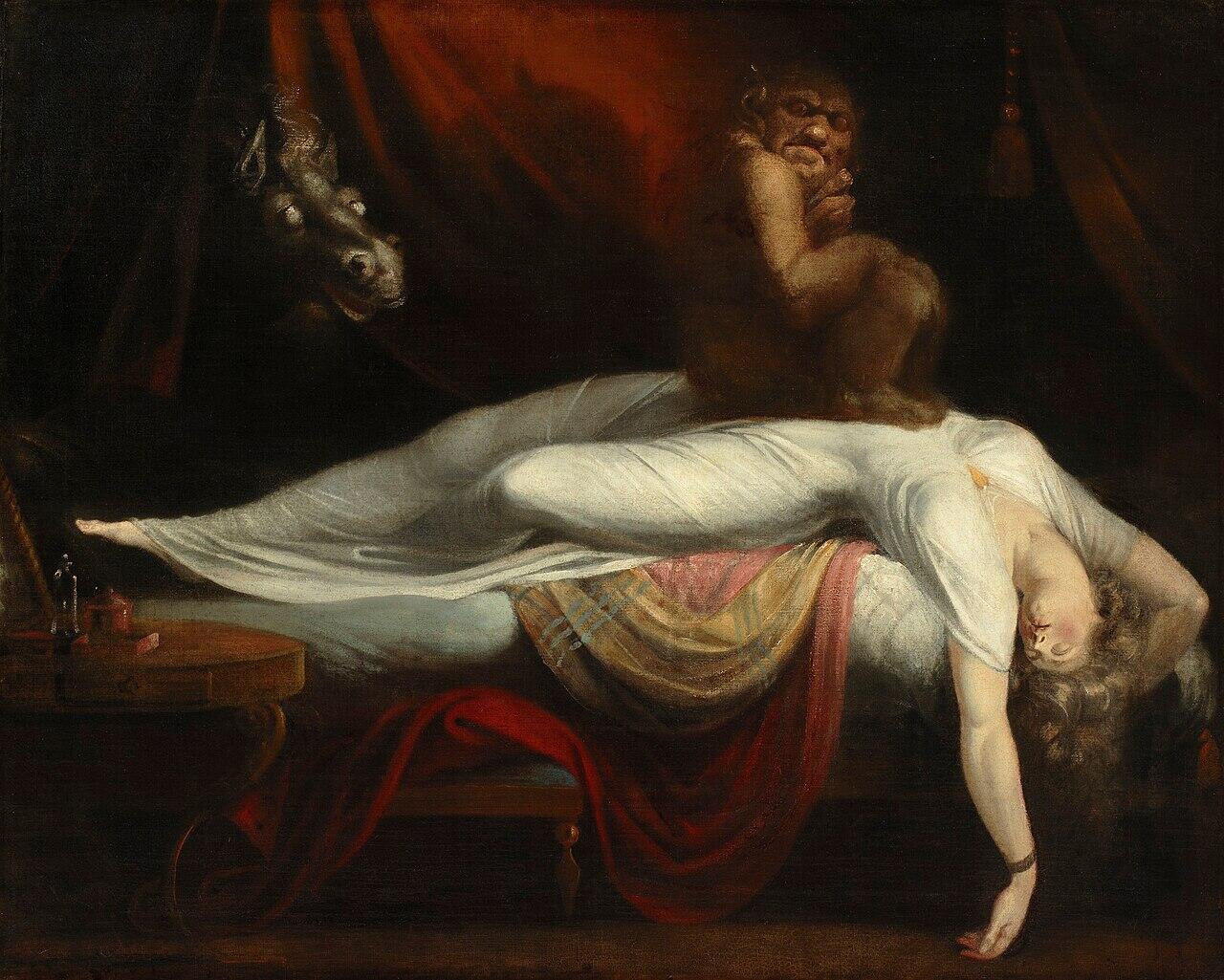 A woman in a white dress lies limp on a bed, as a small demon-like creature sits on her chest and a dark horse's head looms in the background.