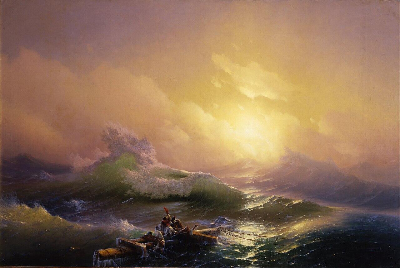 Stormy sea with towering waves and a small boat carrying people struggling against the rough waters at sunset.