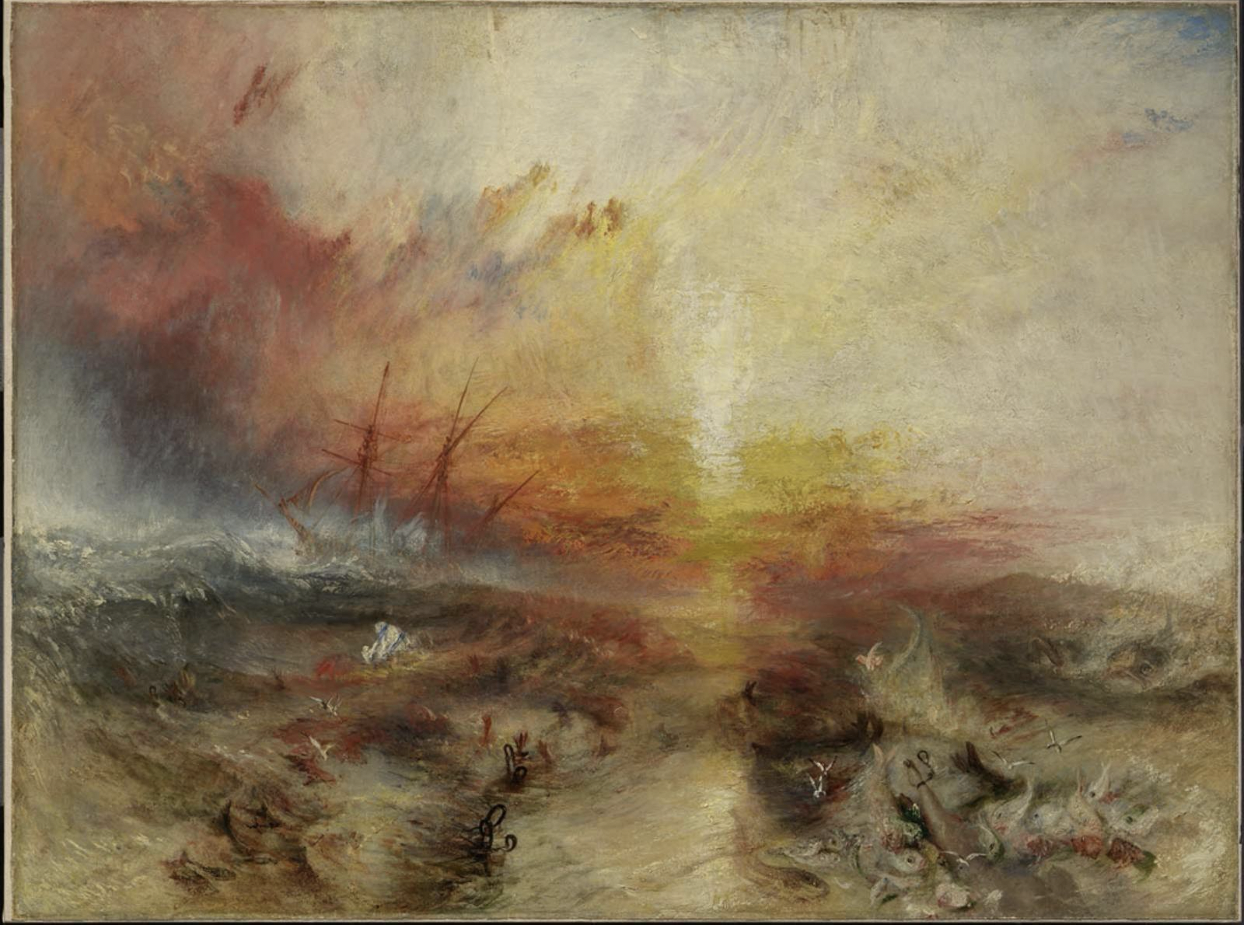Dramatic ocean scene with a fiery orange and yellow sky, with rough waves in the foreground with arms reaching up out of the water along with shackles. A ship sails away in the background.