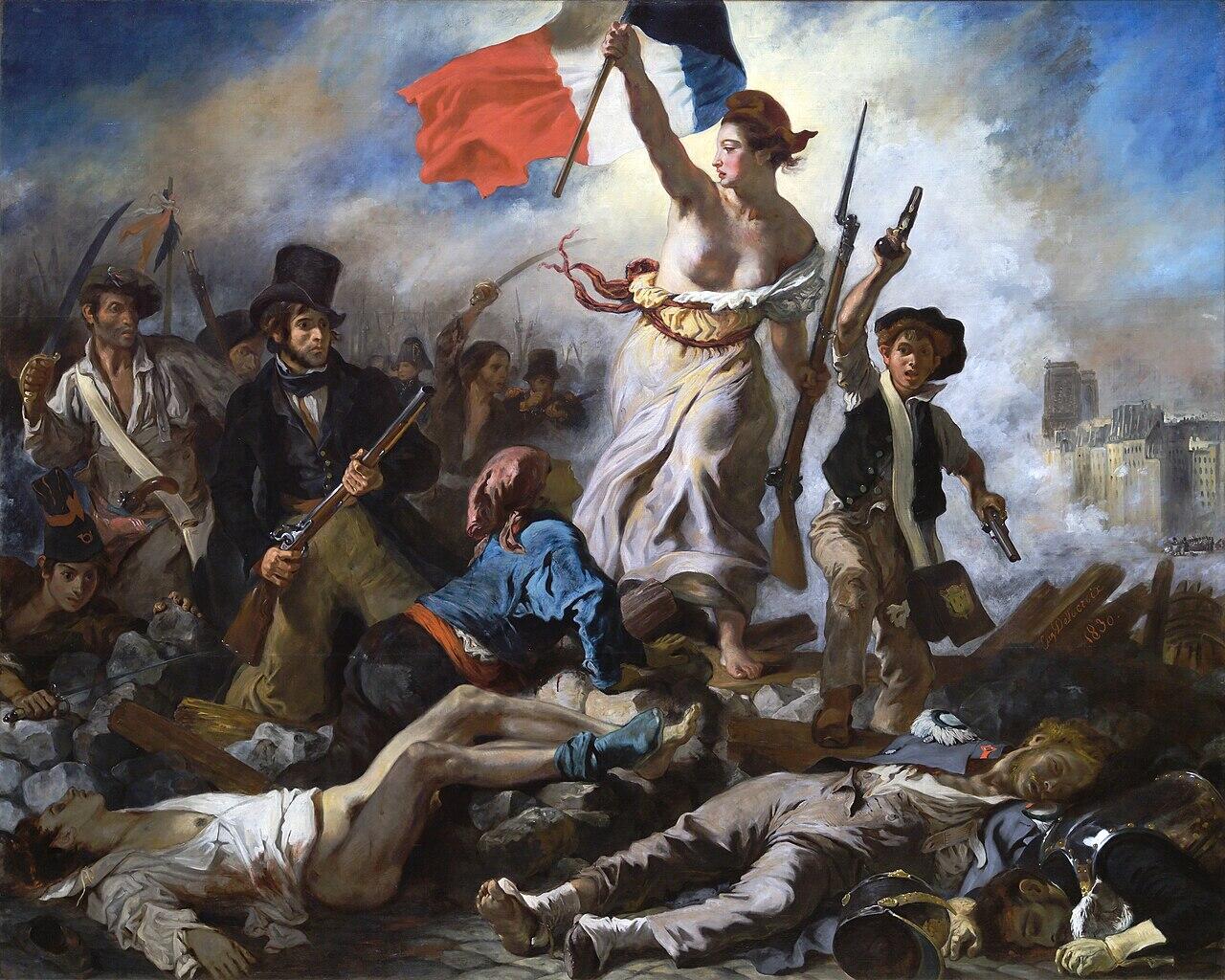 Painting of a woman holding a French flag leading a diverse group of revolutionaries amid fallen soldiers and rubble in a smoky urban battle scene.