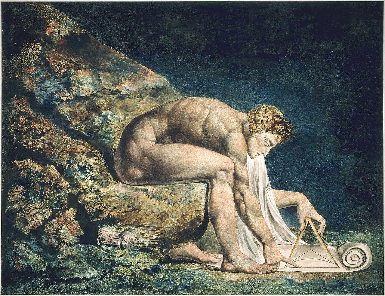 A depiction of Newton as a divine geometer drawing on parchment with a pencil and mathematical tools