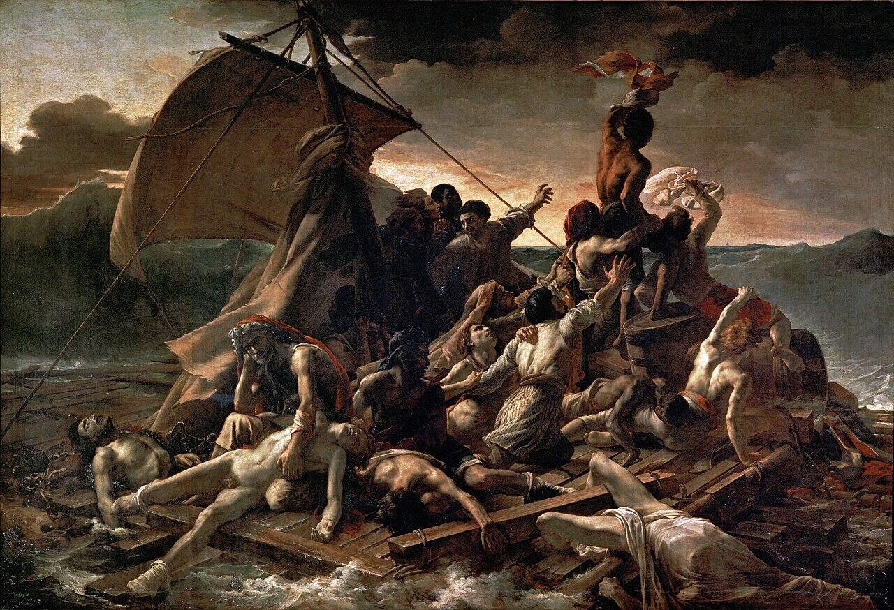 Painting of a desperate group of men on a makeshift raft amid rough seas under a dark, cloudy sky.