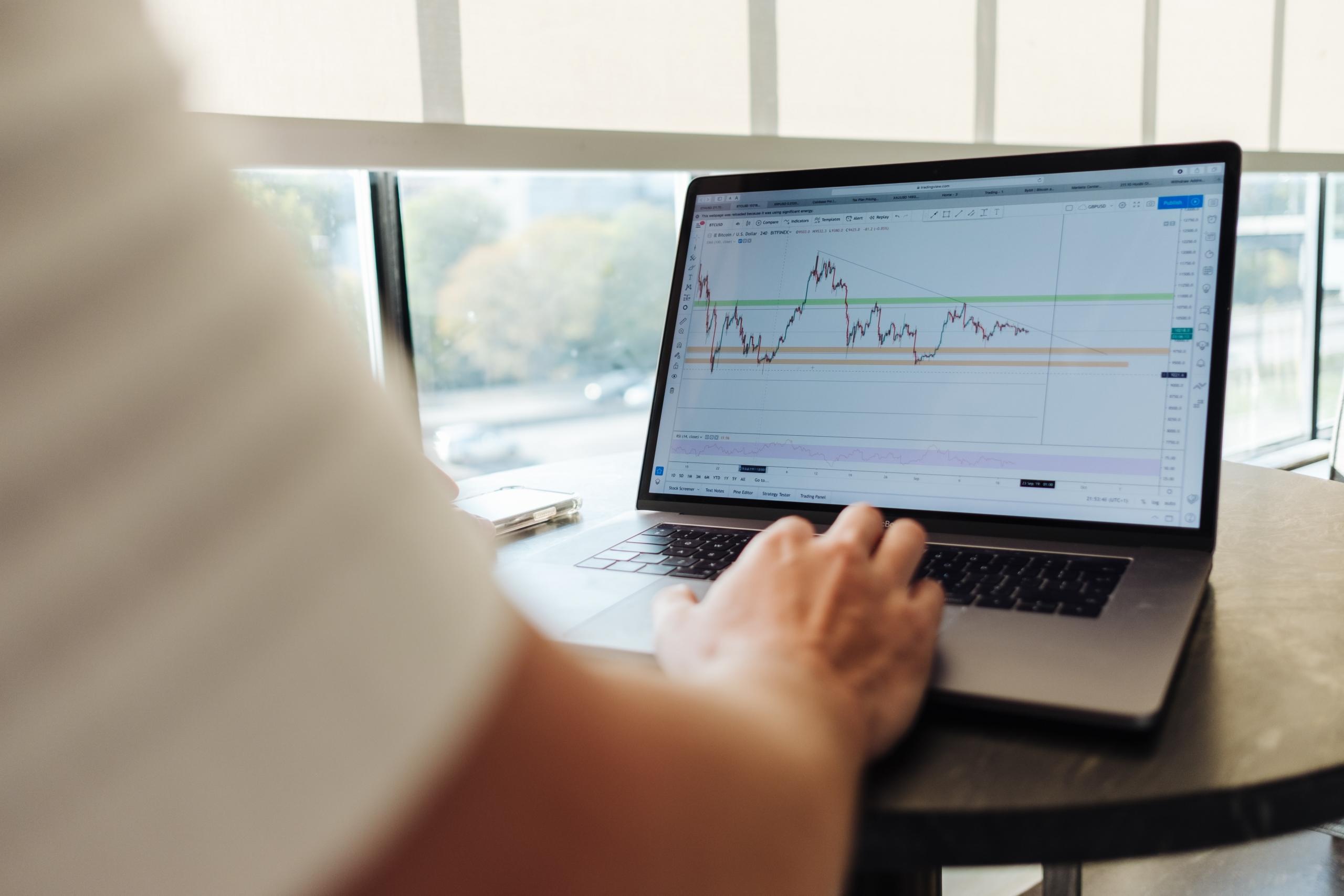 a finance professional works at a computer