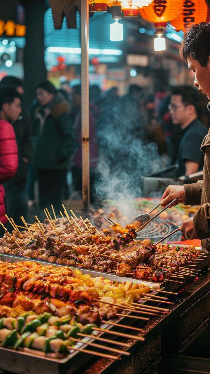 A bustling food market scene featuring skewers of grilled meats and vegetables sizzling over a smoky grill, with soft lights hanging above.
