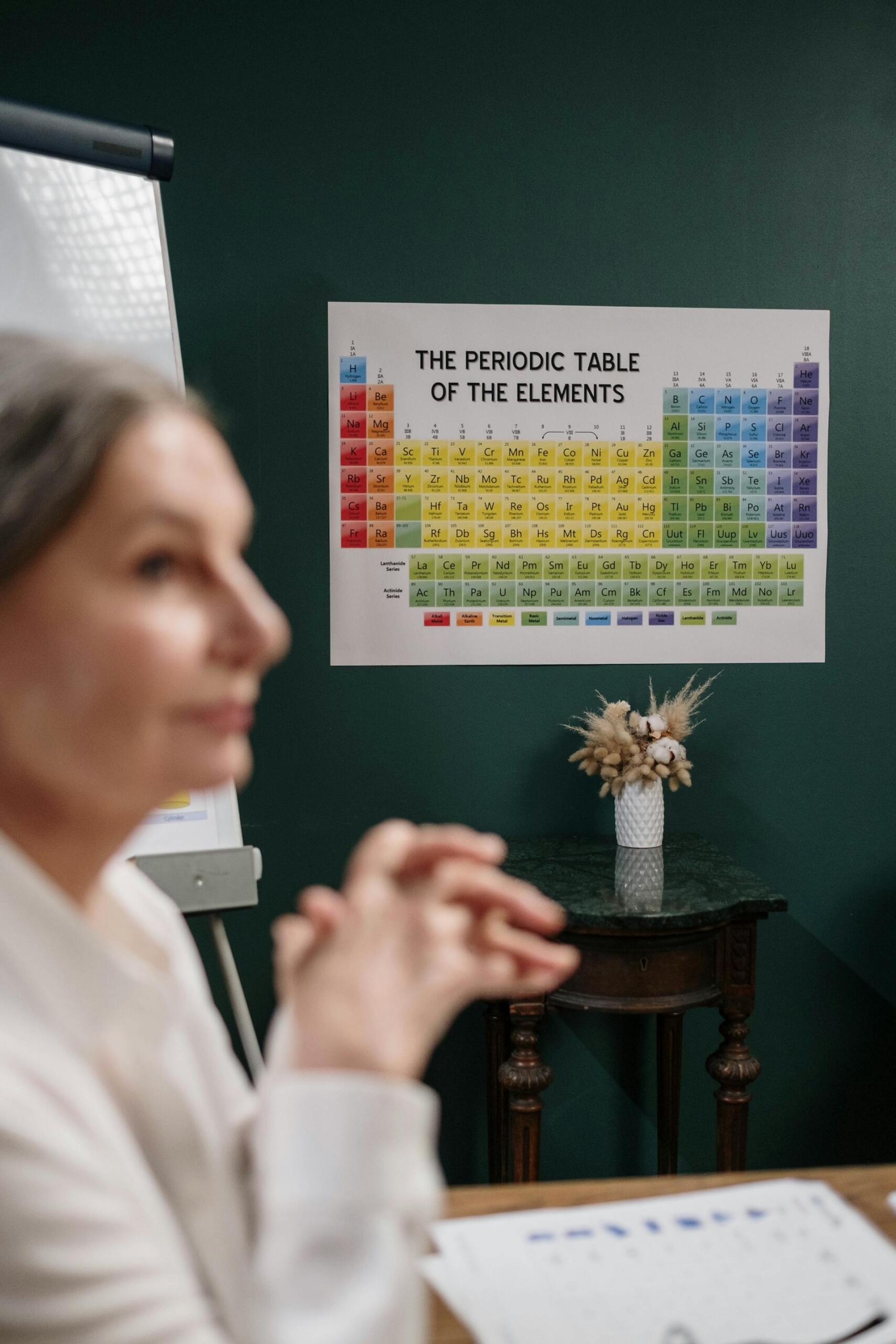 Person sitting at a desk with hands clasped, looking at a periodic table poster on a dark green wall and a vase with dried flowers on a small table.