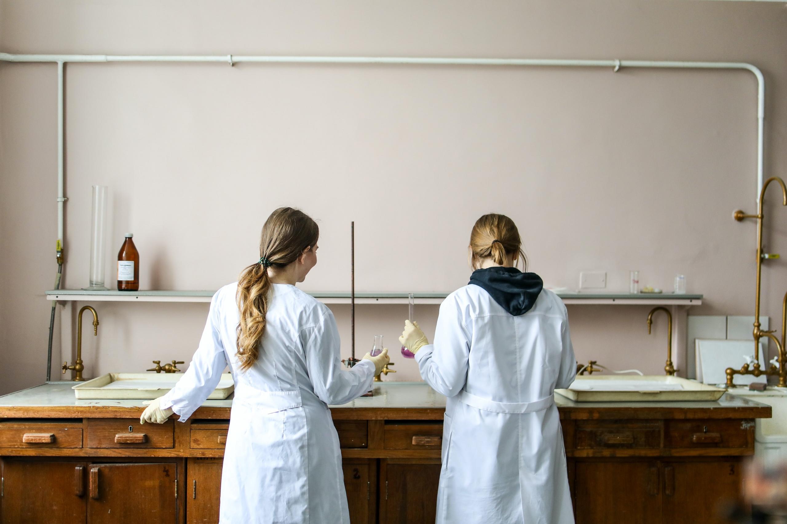 chemists work side by side in a lab.