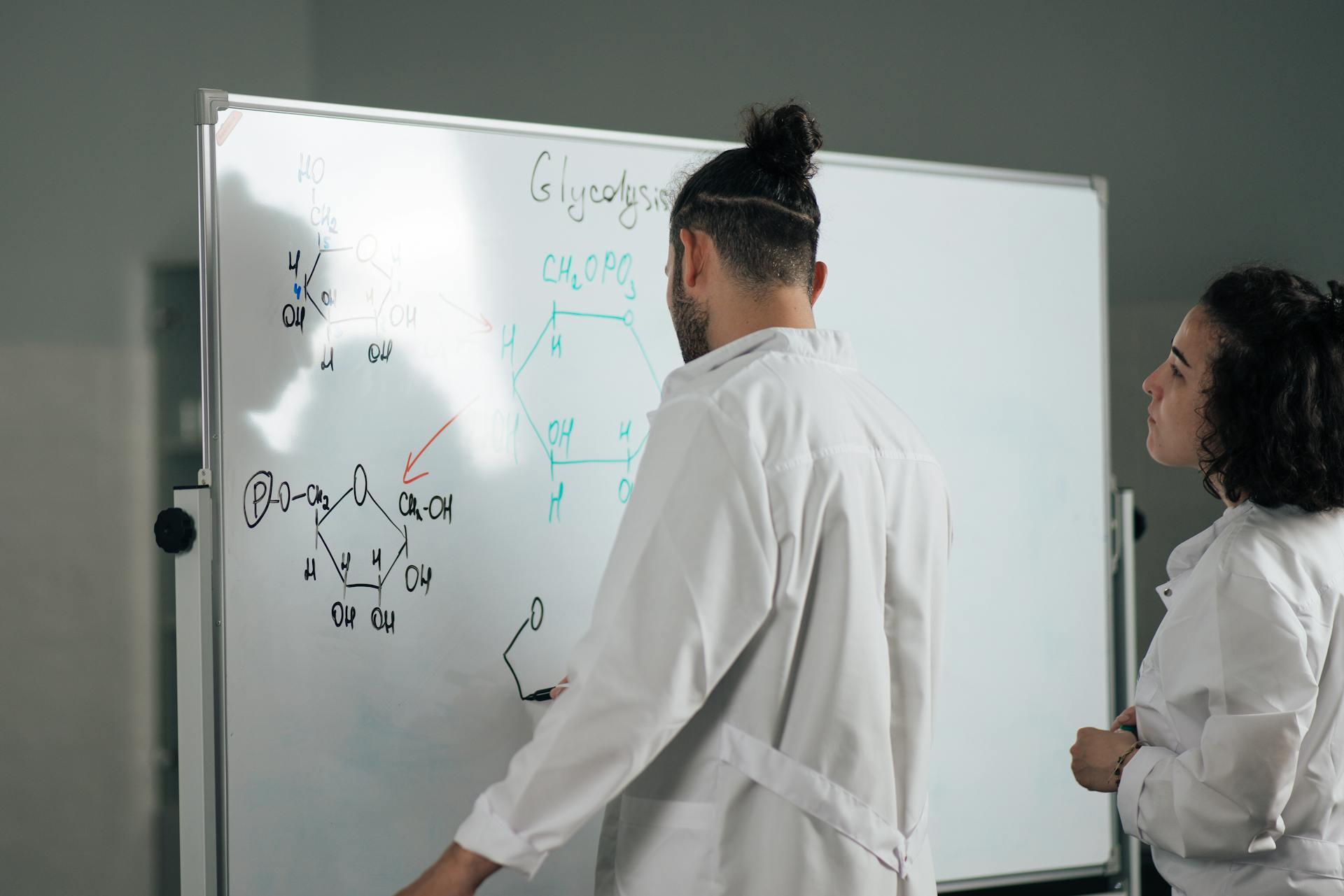 Two scientists in lab coats drawing and discussing glycolysis chemical structures on a whiteboard.