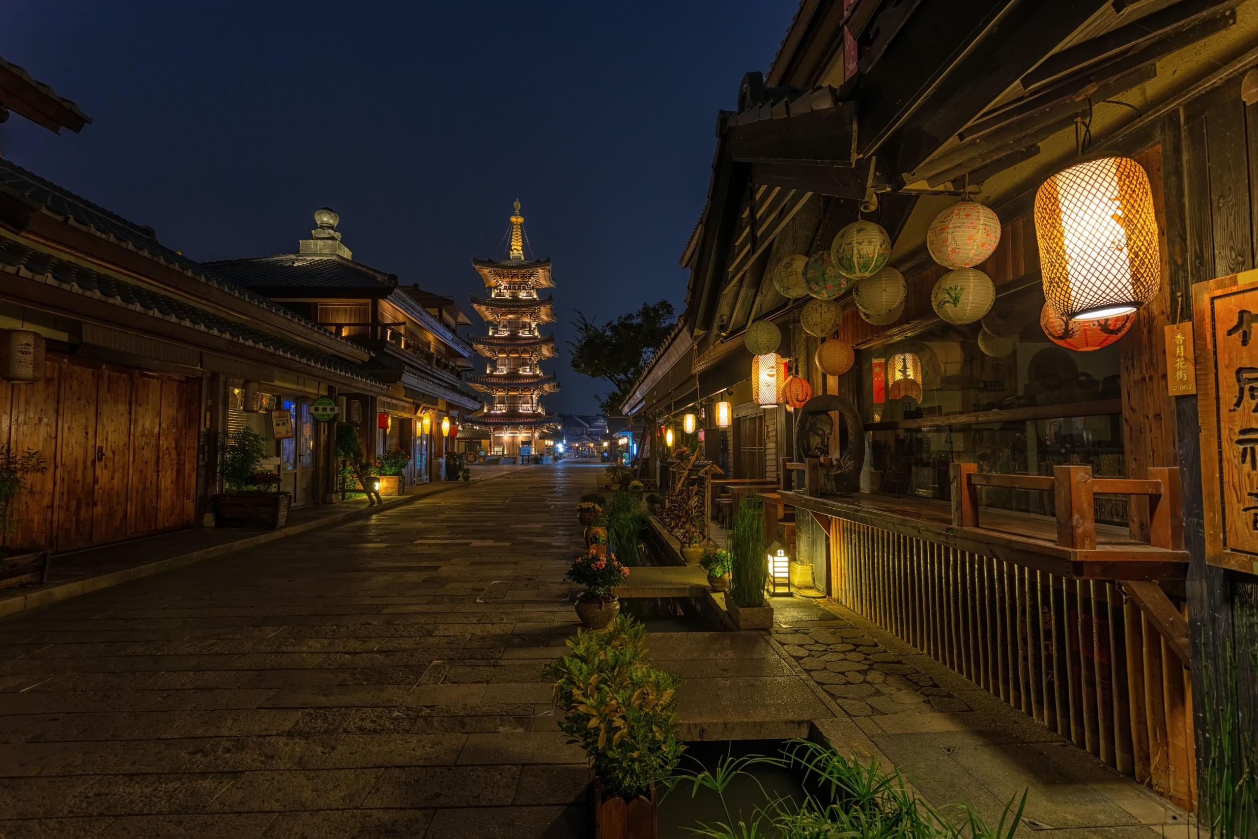 a street in China at night.