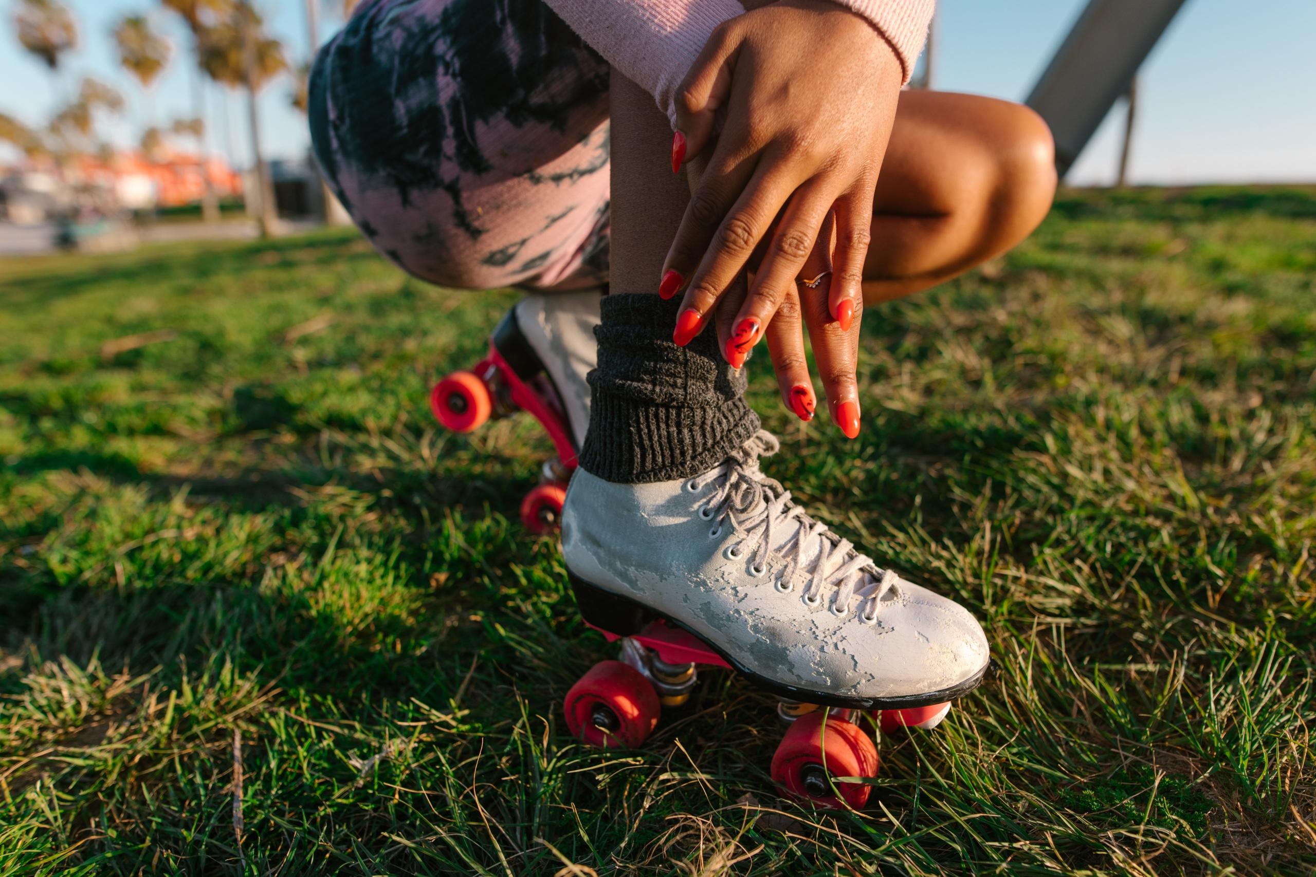 A person wears roller skates.