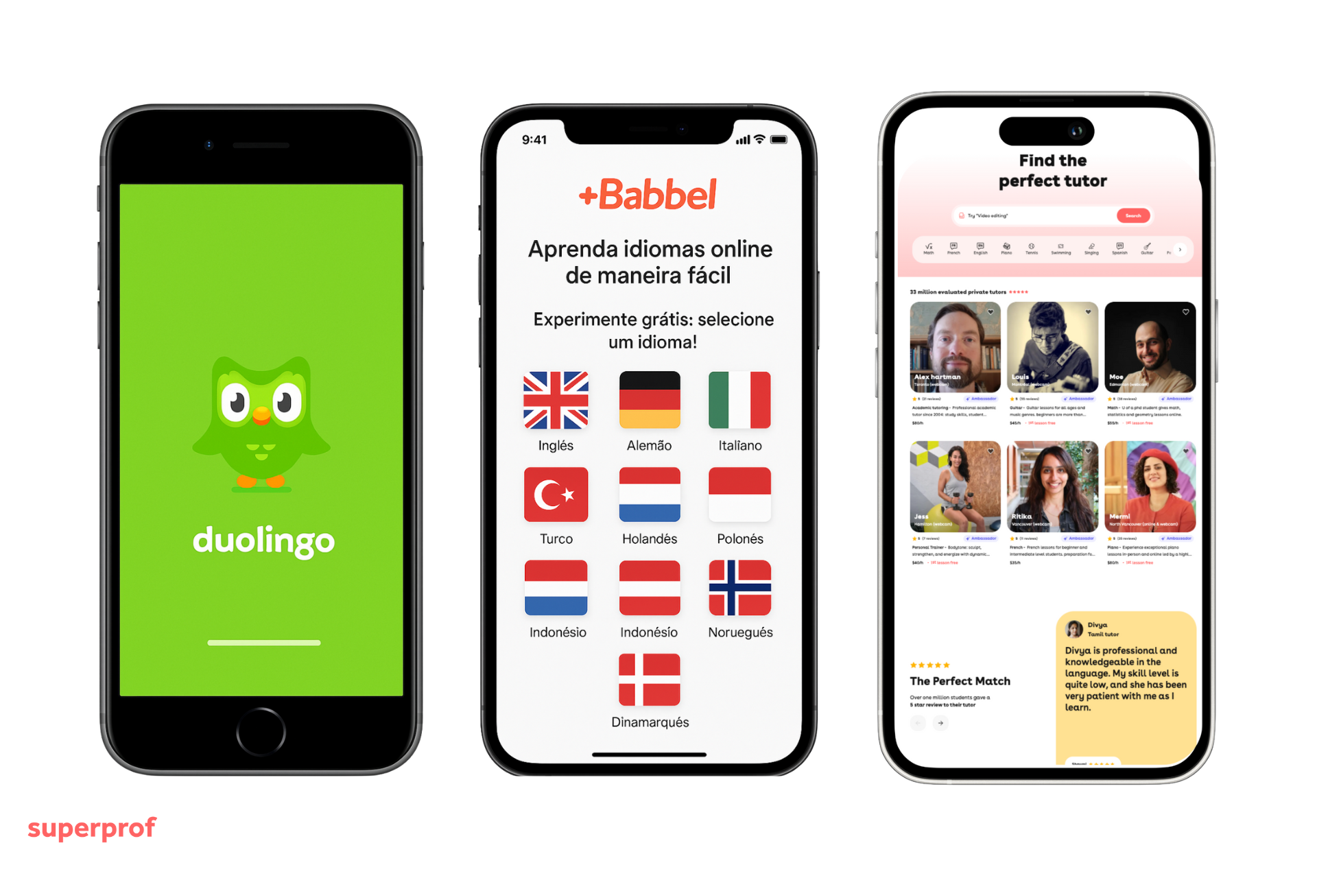 Three smartphones display language learning apps: Duolingo, Babbel with various flags, and a tutor search interface.